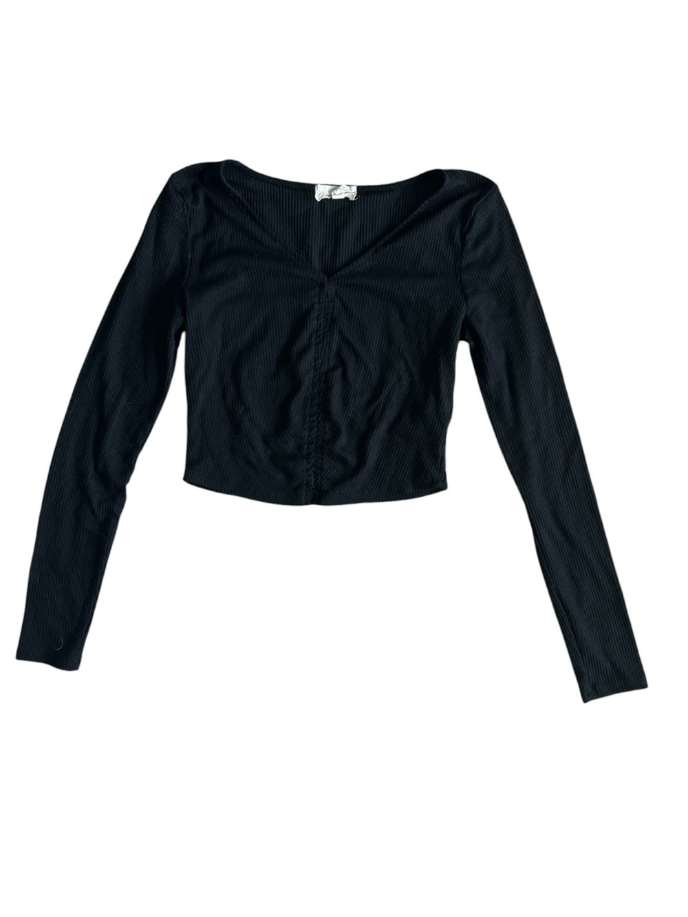 Derek Heart Black Ribbed Long-Sleeve Cropped Top with Front Ruched Detail Size S